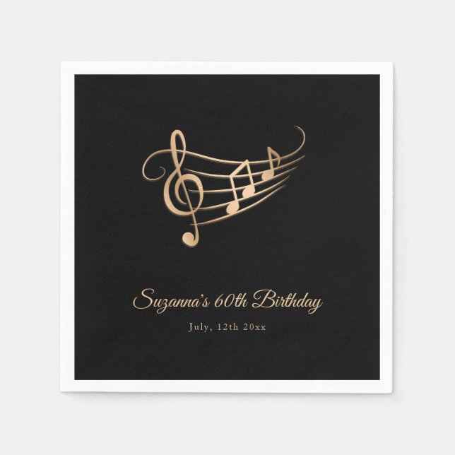 Gold Music Notes Elegant Script Birthday Napkin (Front)