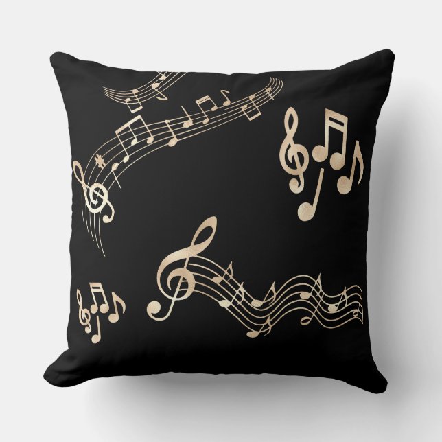 Gold Music Notes on Black Medium Cushion (Front)