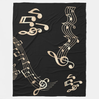 Gold Music Notes on Black Medium Fleece Blanket