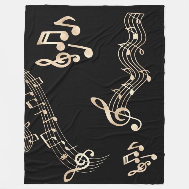 Gold Music Notes on Black Medium Fleece Blanket (Front)