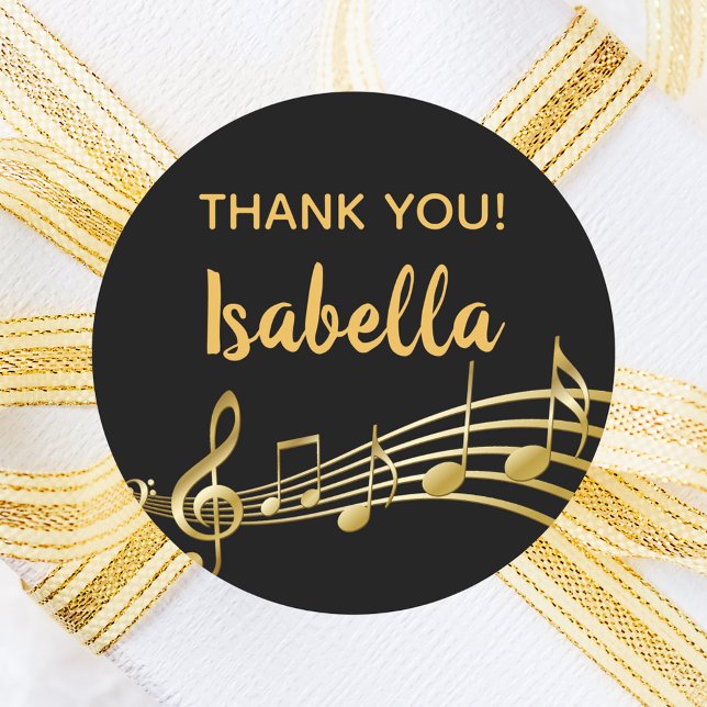 Gold music notes on elegant black thank you classic round sticker (Creator Uploaded)