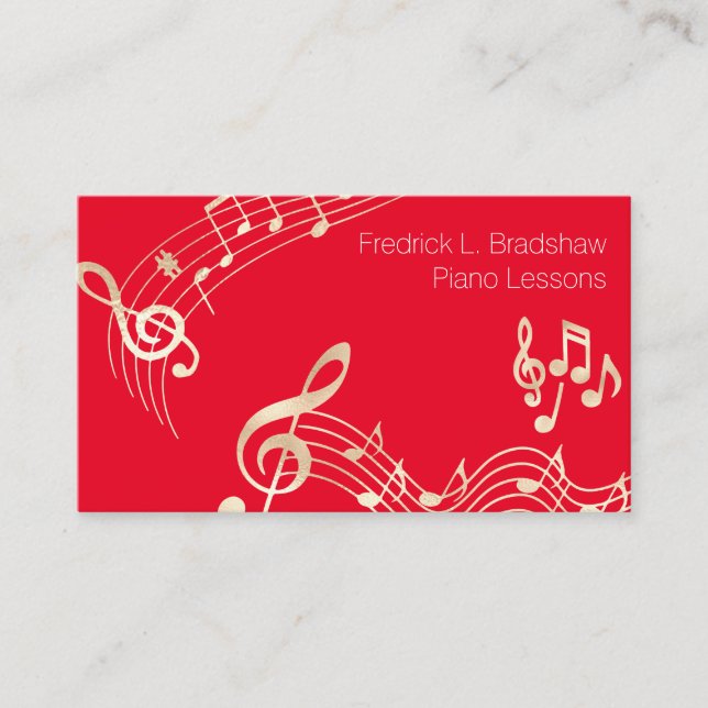 Gold Music Notes on Red Business Card (Front)