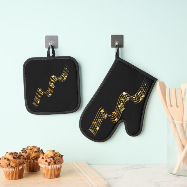 Gold Musical Notes Custom Colours Oven Mitt & Pot Holder Set (Insitu(Hanging))