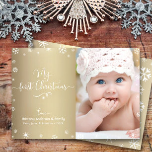 Gold My First Christmas Baby Photo Snowflakes Chic Holiday Card