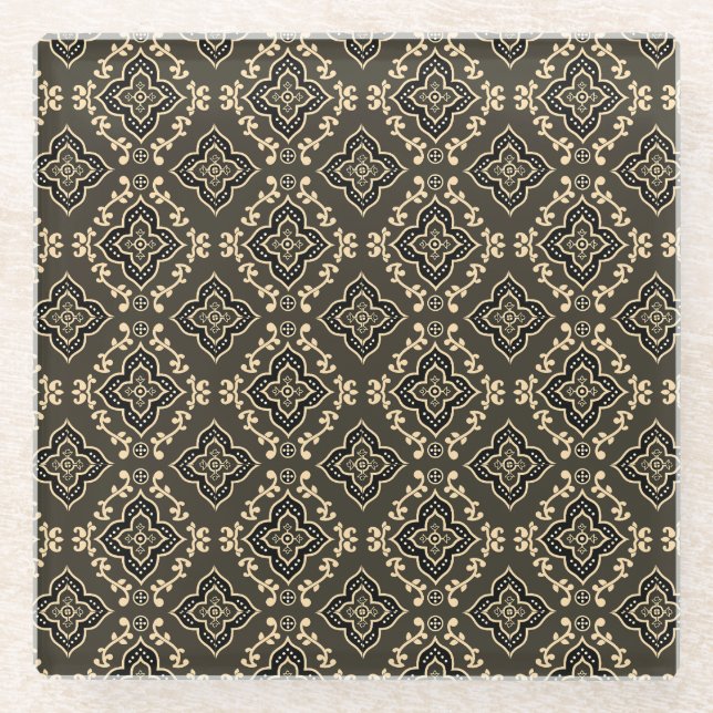 Gold n Brown Geometric Pattern / Indian Print  Glass Coaster (Front)