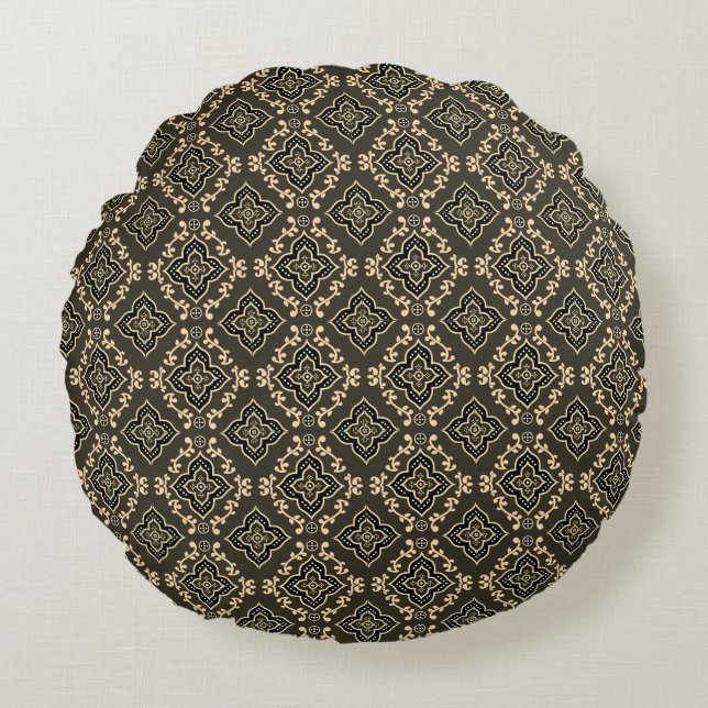 Gold n Brown Geometric Pattern / Indian Print  Round Cushion (Front)