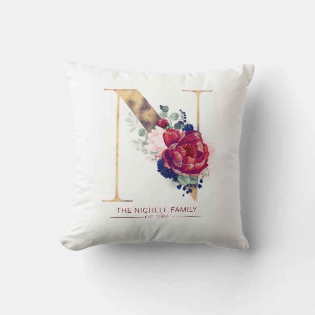 Gold N Monogram Floral Burgundy Red and Navy Blue Cushion (Front)