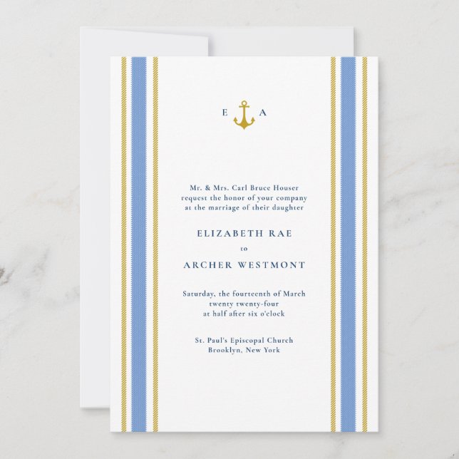 Gold n Navy Blue Nautical Stripes Coastal Wedding Invitation (Front)