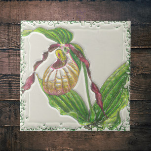 Gold n Red Lady Slipper Orchid Botanical Side View Tile