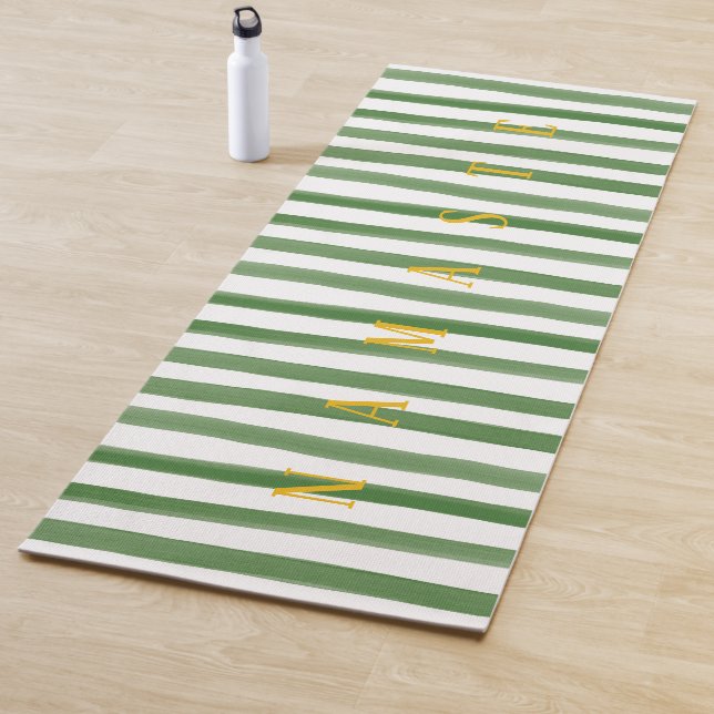 Gold Namaste & Green and White Watercolor Stripes Yoga Mat (In Situ)