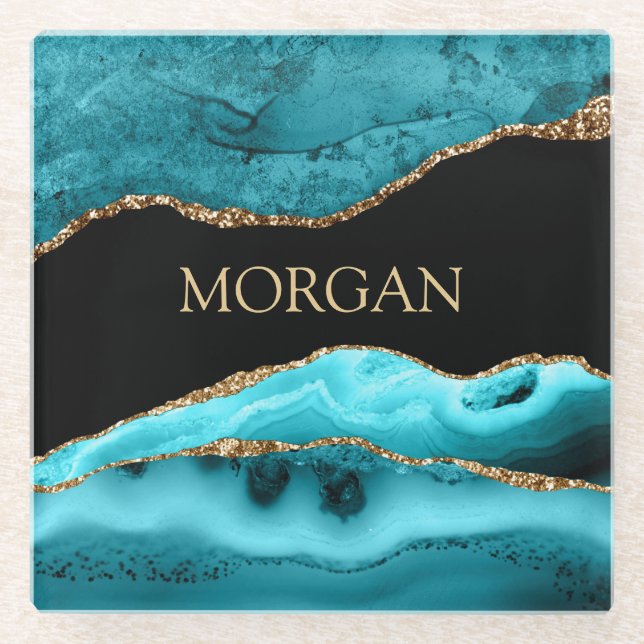 Gold Name, Black, Gold & Teal Agate Glass Coaster (Front)