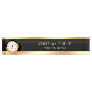 Gold Name Elegant Modern Black Template With Clock Nameplate