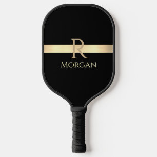 Gold Name & Monogram, Gold Bar on Black Pickleball Paddle