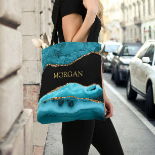 Gold Name on Black, Gold & Teal Agate Tote Bag