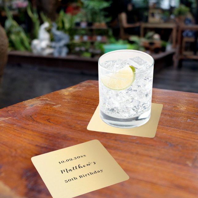 Gold name script birthday square paper coaster (Creator Uploaded)