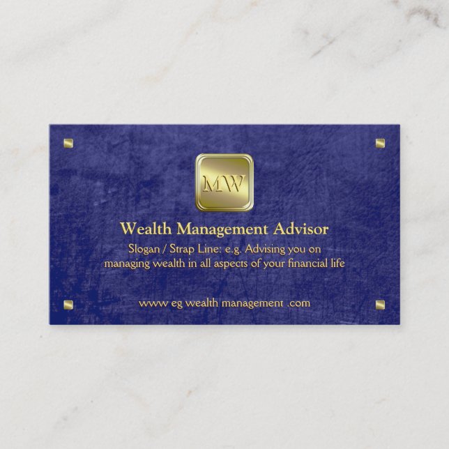 Gold nameplate, blue leather-look, Wealth Advisor Business Card (Front)