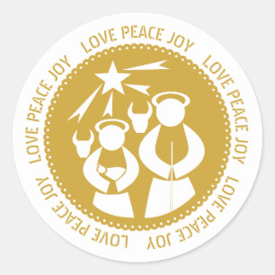 Gold nativity Scene Love, Peace, Joy Christmas Classic Round Sticker