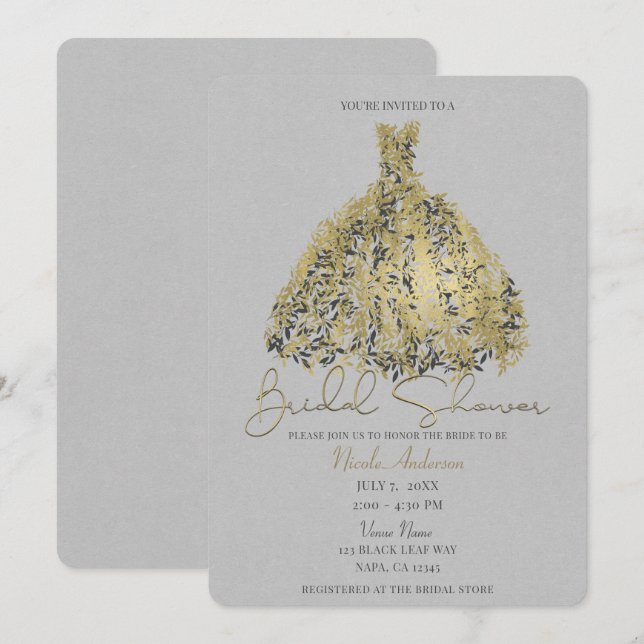 Gold & Natural Grey Botanical Dress Bridal Shower Invitation (Front/Back)