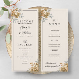 Gold Natural Rustic Floral Wedding Program Menu Invitation