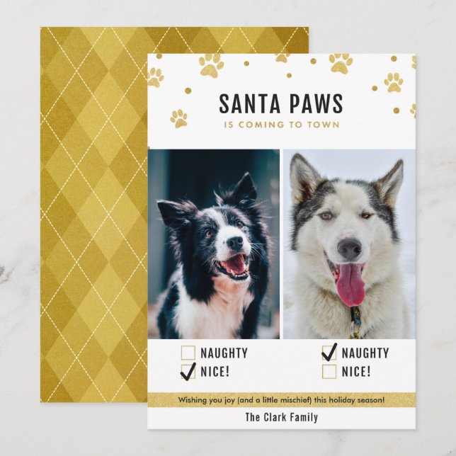Gold Naughty or Nice Two Dog Christmas Photo Card (Front/Back)