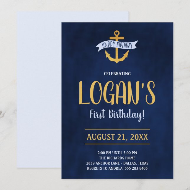 Gold Nautical Anchor Birthday Party Invitation (Front/Back)