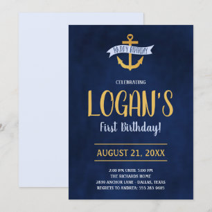 Gold Nautical Anchor Birthday Party Invitation