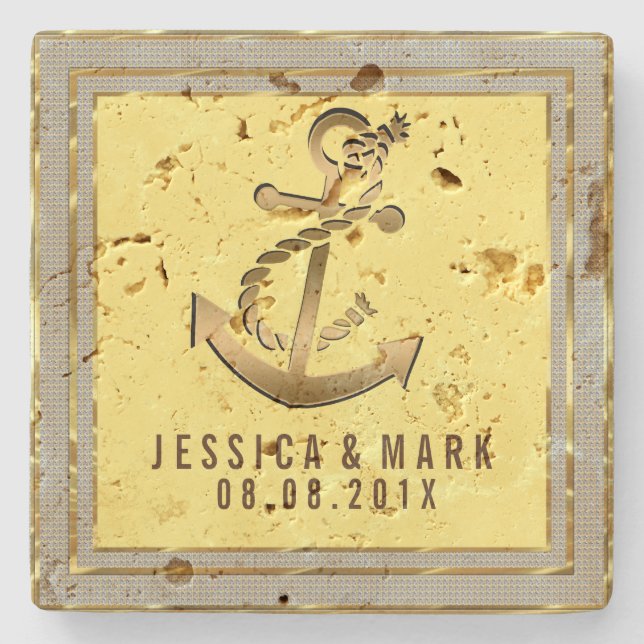 Gold Nautical Anchor Gold Frame Stone Coaster (Front)