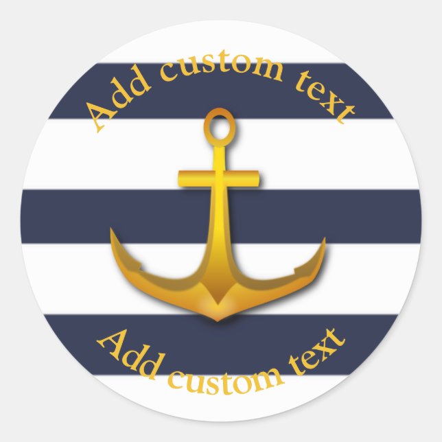 Gold Nautical Anchor Navy Blue & White Wedding Classic Round Sticker (Front)