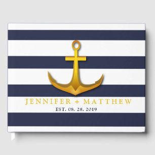 Gold Nautical Anchor Navy Blue & White Wedding Guest Book