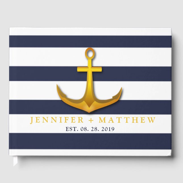 Gold Nautical Anchor Navy Blue & White Wedding Guest Book (Front)