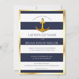 Gold Nautical Anchor Navy Blue & White Wedding Invitation