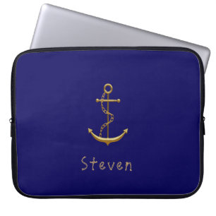 Gold nautical anchor on blue custom name laptop sleeve