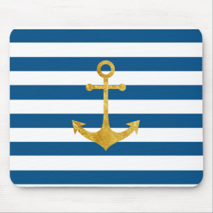 gold nautical anchor on blue stripes mouse mat