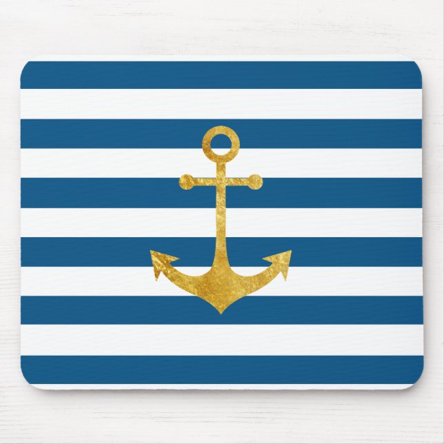 gold nautical anchor on blue stripes mouse mat (Front)