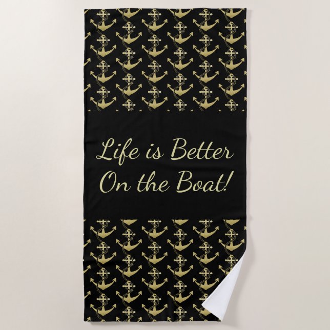 Gold Nautical Anchor Sailing Beach Towel (Front)
