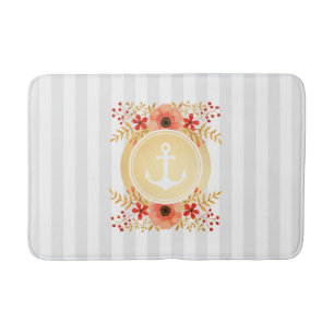 Gold Nautical Anchor Watercolor Floral Striped Bath Mat