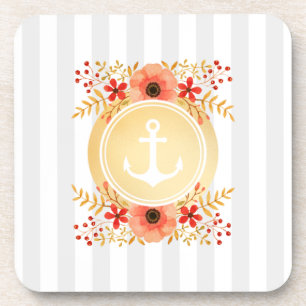 Gold Nautical Anchor Watercolor Floral Striped Coaster