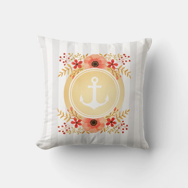 Gold Nautical Anchor Watercolor Floral Striped Cushion (Front)