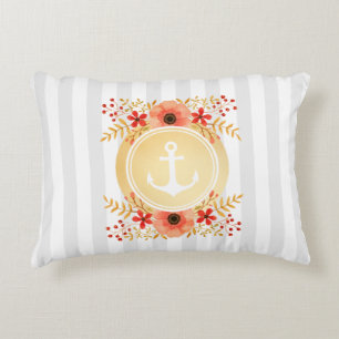 Gold Nautical Anchor Watercolor Floral Striped Decorative Cushion