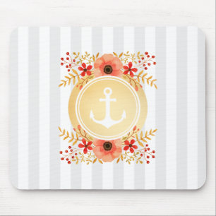 Gold Nautical Anchor Watercolor Floral Striped Mouse Mat