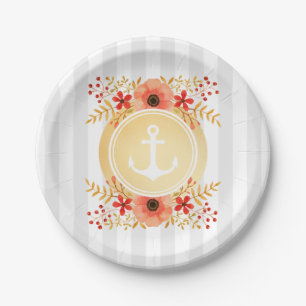 Gold Nautical Anchor Watercolor Floral Striped Paper Plate