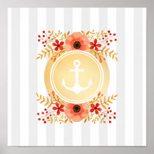 Gold Nautical Anchor Watercolor Floral Striped Poster