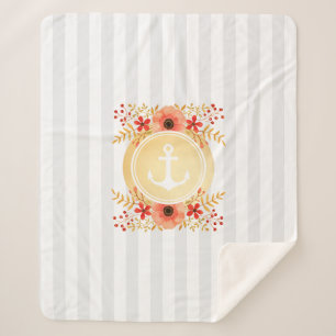 Gold Nautical Anchor Watercolor Floral Striped Sherpa Blanket