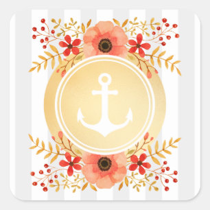 Gold Nautical Anchor Watercolor Floral Striped Square Sticker