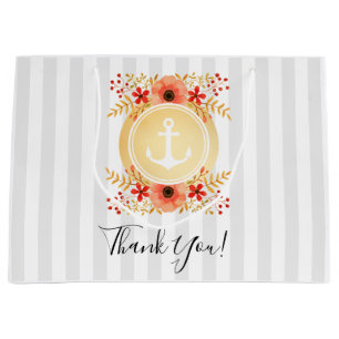Gold Nautical Anchor Watercolor Floral Thank You Large Gift Bag