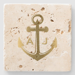 Gold Nautical Anchor Wedding Monogram Stone Coaster