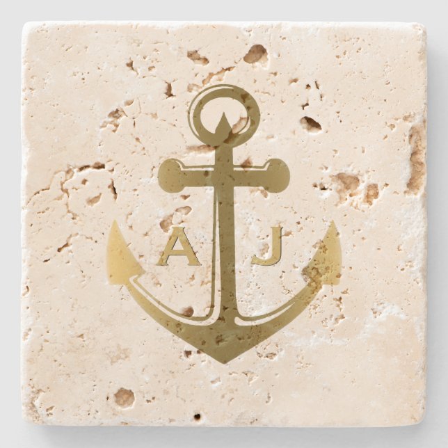 Gold Nautical Anchor Wedding Monogram Stone Coaster (Front)
