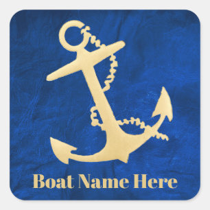 Gold Nautical Anchor with Boat Name Square Sticker