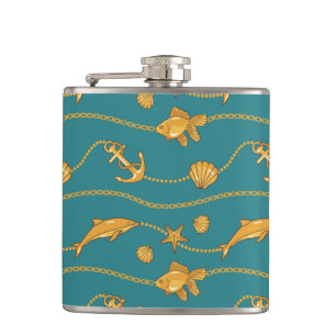 Gold Nautical Pattern Hip Flask