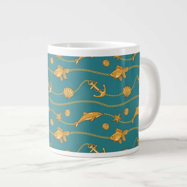 Gold Nautical Pattern Large Coffee Mug (Front Right)